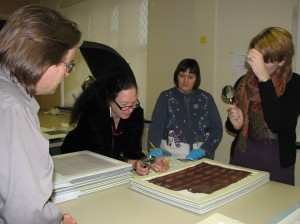 From left to right; Dr. Clark Erickson, Dr. Ann Peters, Marianne Weldon, and Dr. Anne Tiballi looking at a Peruvian textile in the BMC Collection.
